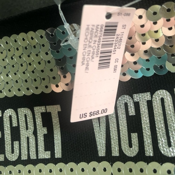 Victoria’s Secret Silver Sequin Signature Weekender Tote Bag Solid Black Bling - Picture 5 of 5